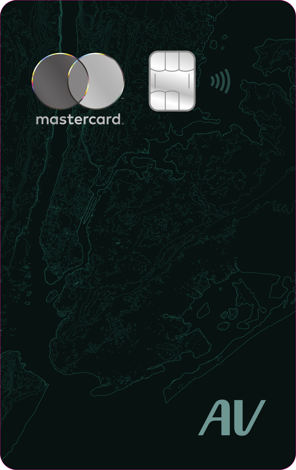 Frente do cartão verde Avenue, com mapa de Manhattan, chip prata e marca Mastercard.